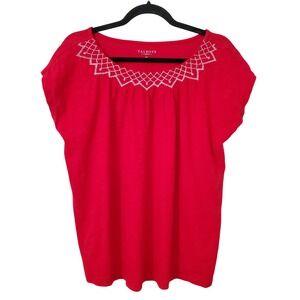 Talbots Petite M Red Embroidered‎ Neckline Cap Sleeve 100% Cotton Top TShirt